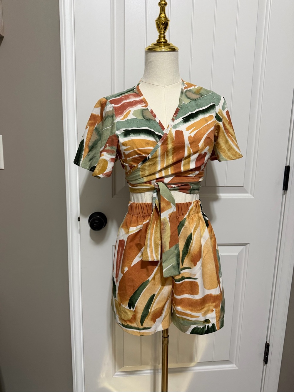 Two-Piece Wrap Crop Top and High-Waist Shorts Set in Rust + Olive Print